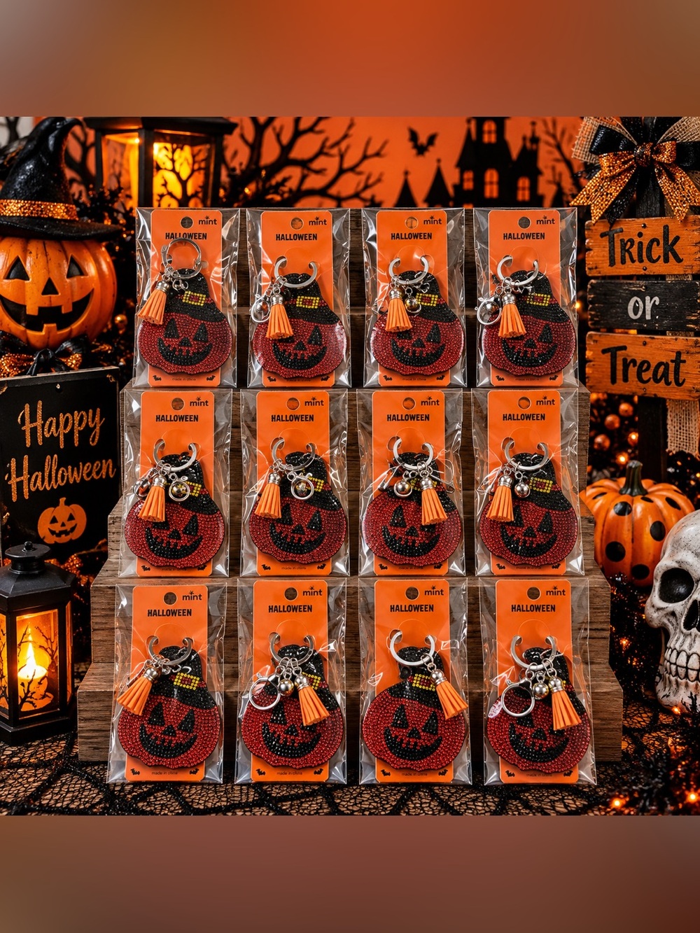Bulk of 12- Orange and Black Halloween Pumpkin Keychain/Bagcharm with Tassel